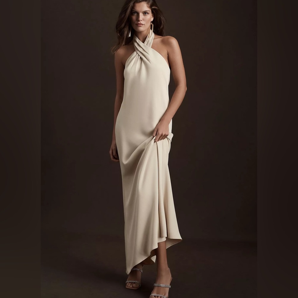 BHLDN Ruby Twist Halter Satin Gown | Champagne | Size 2
